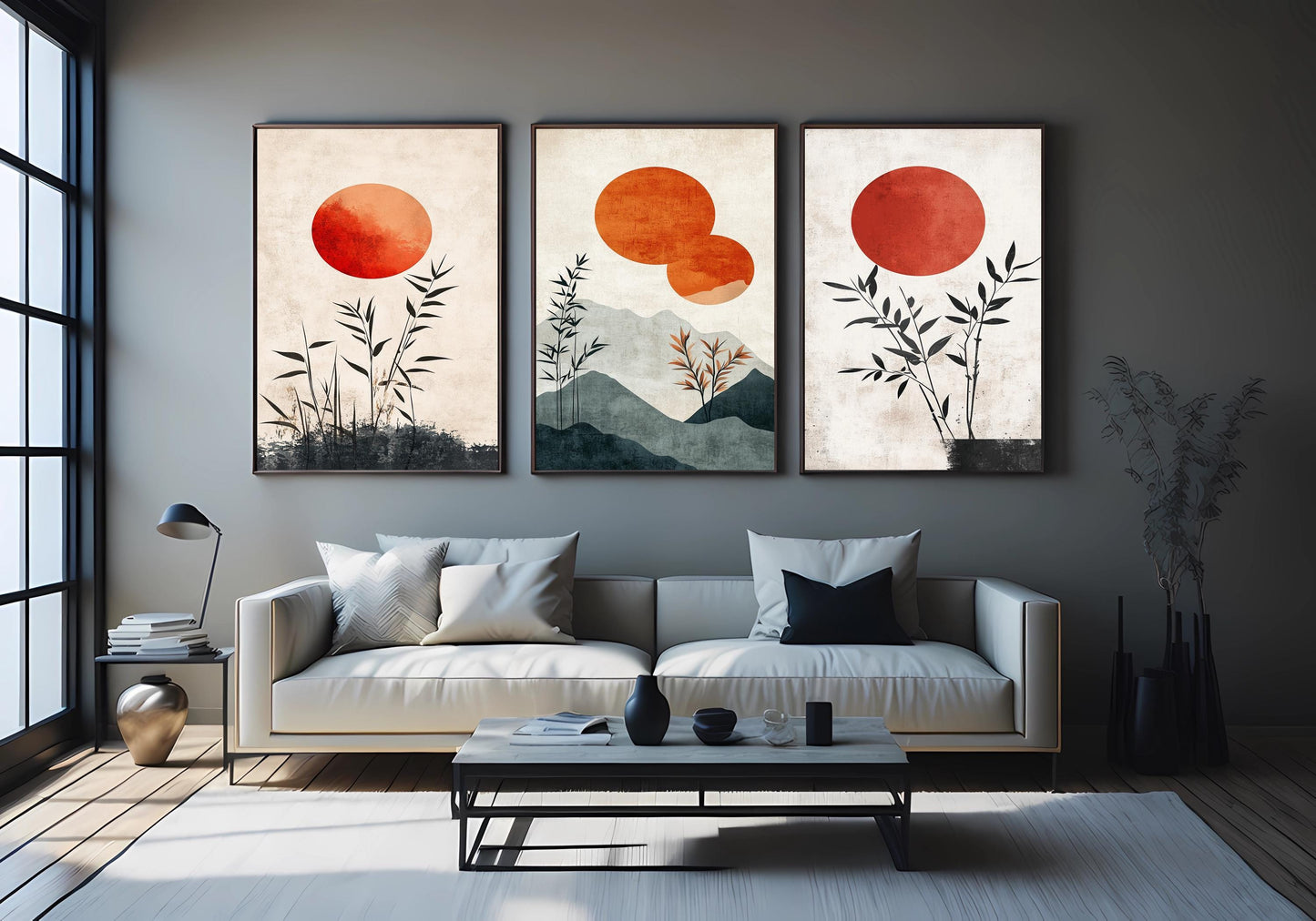 Japandi Bamboo Sunset Print Set: Minimalist Zen Wall Art