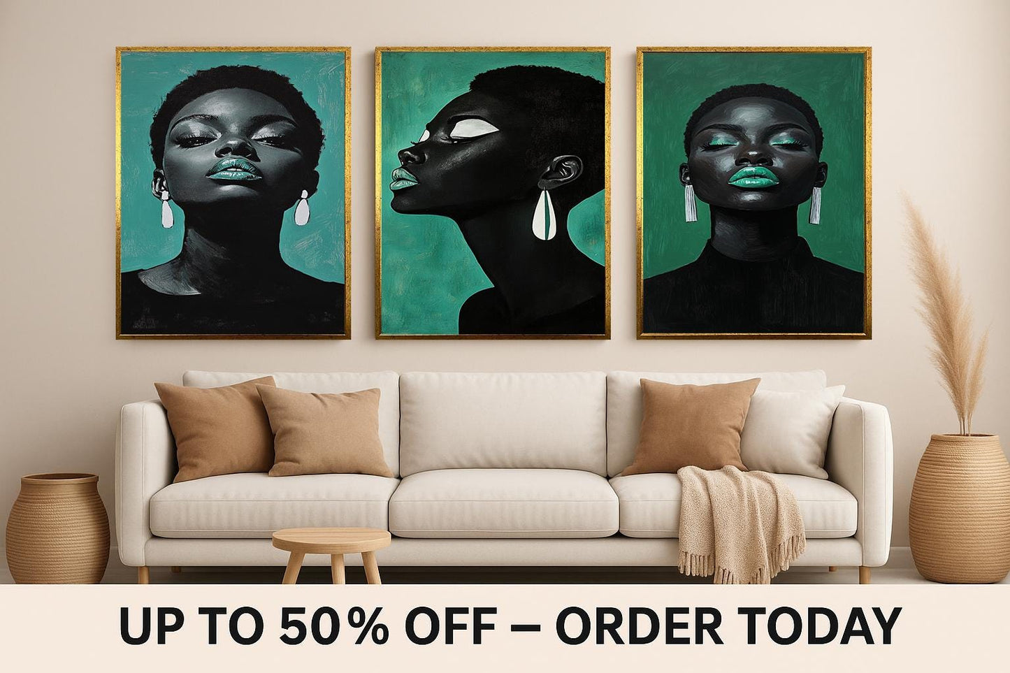 Emerald Afrocentric Woman Portrait Art Set: Bold Black Beauty Prints