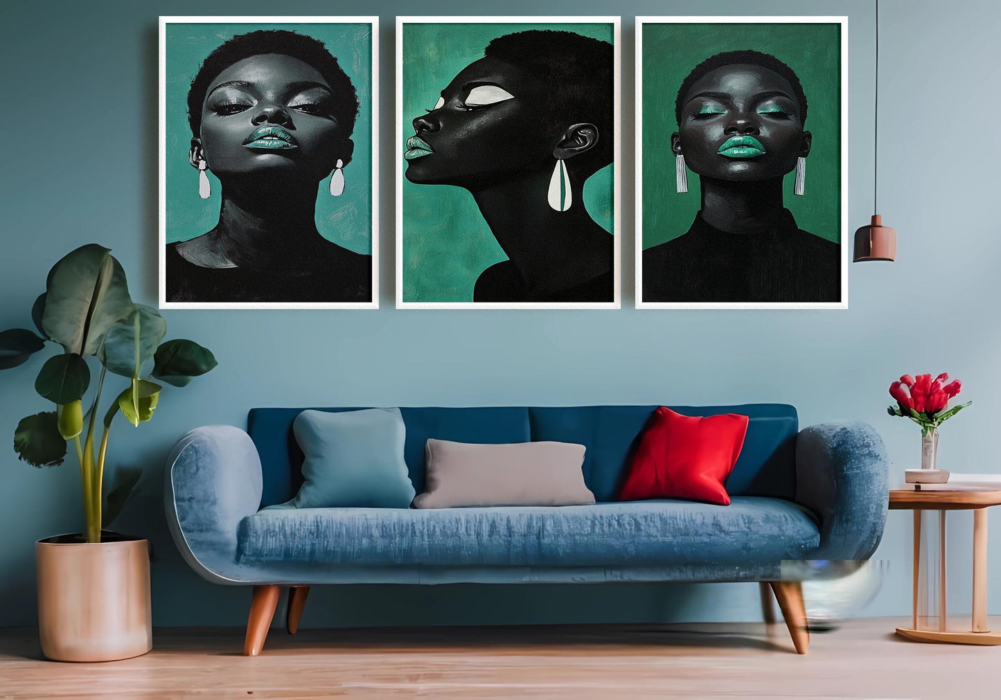 Emerald Afrocentric Woman Portrait Art Set: Bold Black Beauty Prints