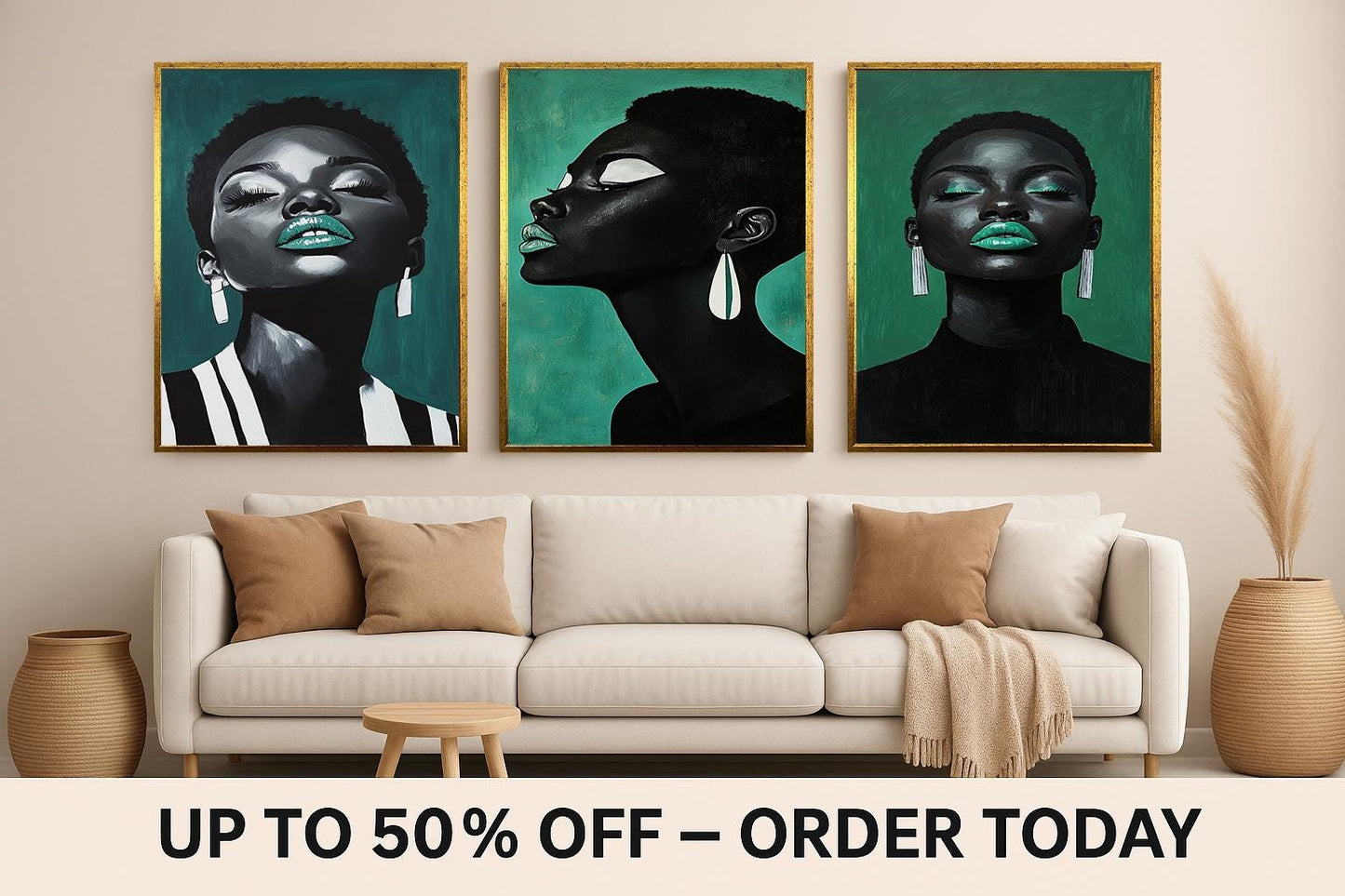 Teal Accent Black Woman Portrait Art - Modern Glam Set of 3