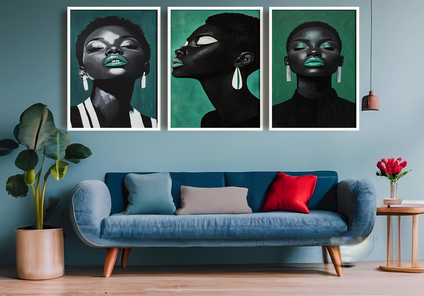 Teal Accent Black Woman Portrait Art - Modern Glam Set of 3