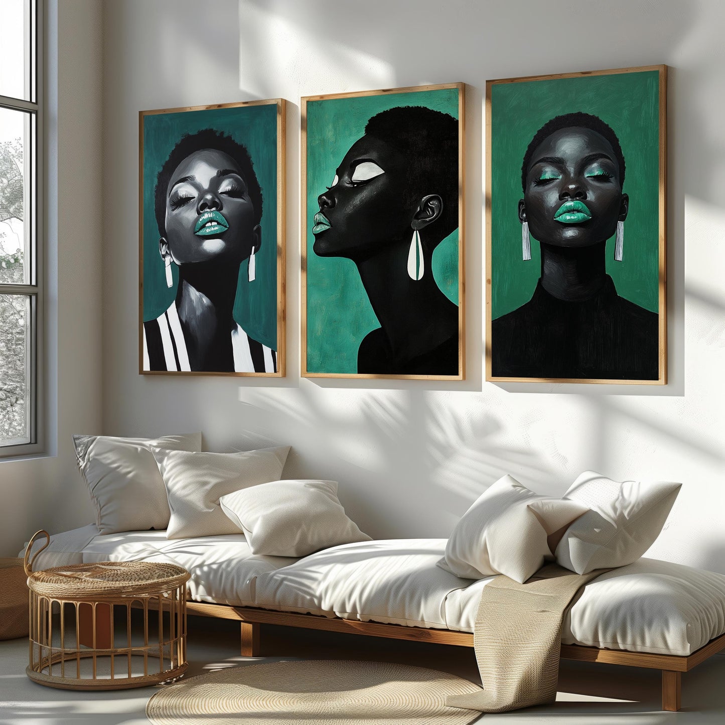Teal Accent Black Woman Portrait Art - Modern Glam Set of 3