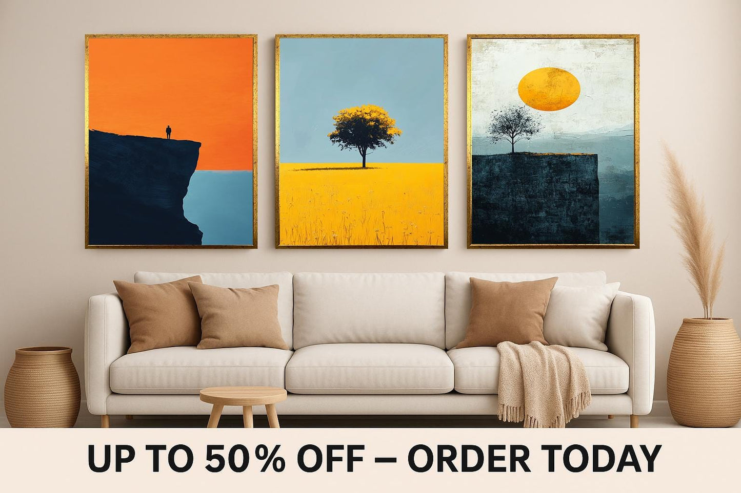 Minimalist Sunset Landscape Print Set: Tree & Cliff - Modern Nature Wall Art