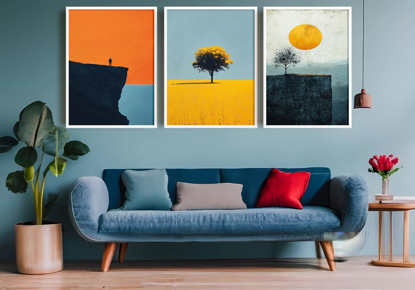 Minimalist Sunset Landscape Print Set: Tree & Cliff - Modern Nature Wall Art
