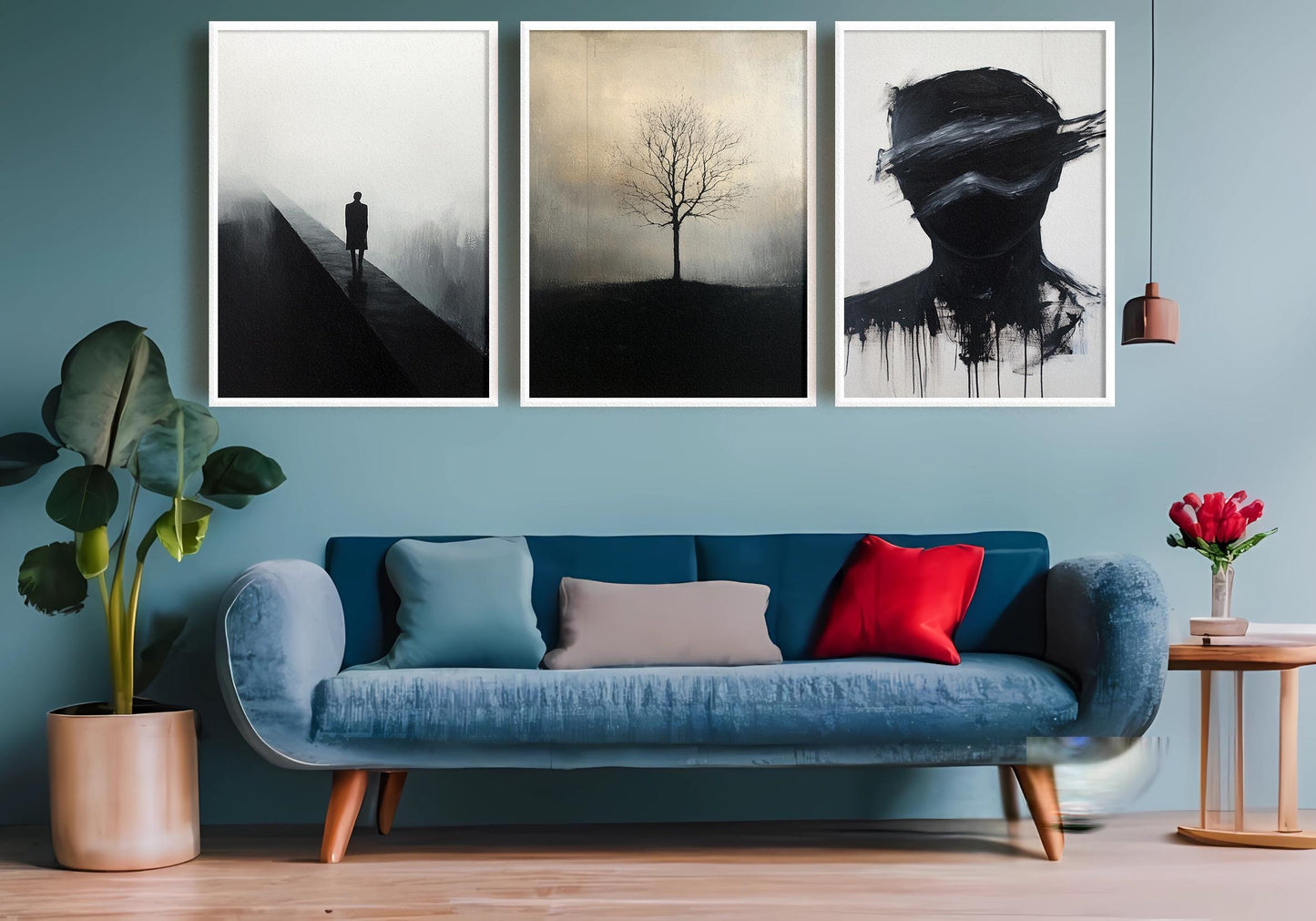 Minimalist Black and White Art Set: Tree, Face, Figure - Modern Surreal Home Decor