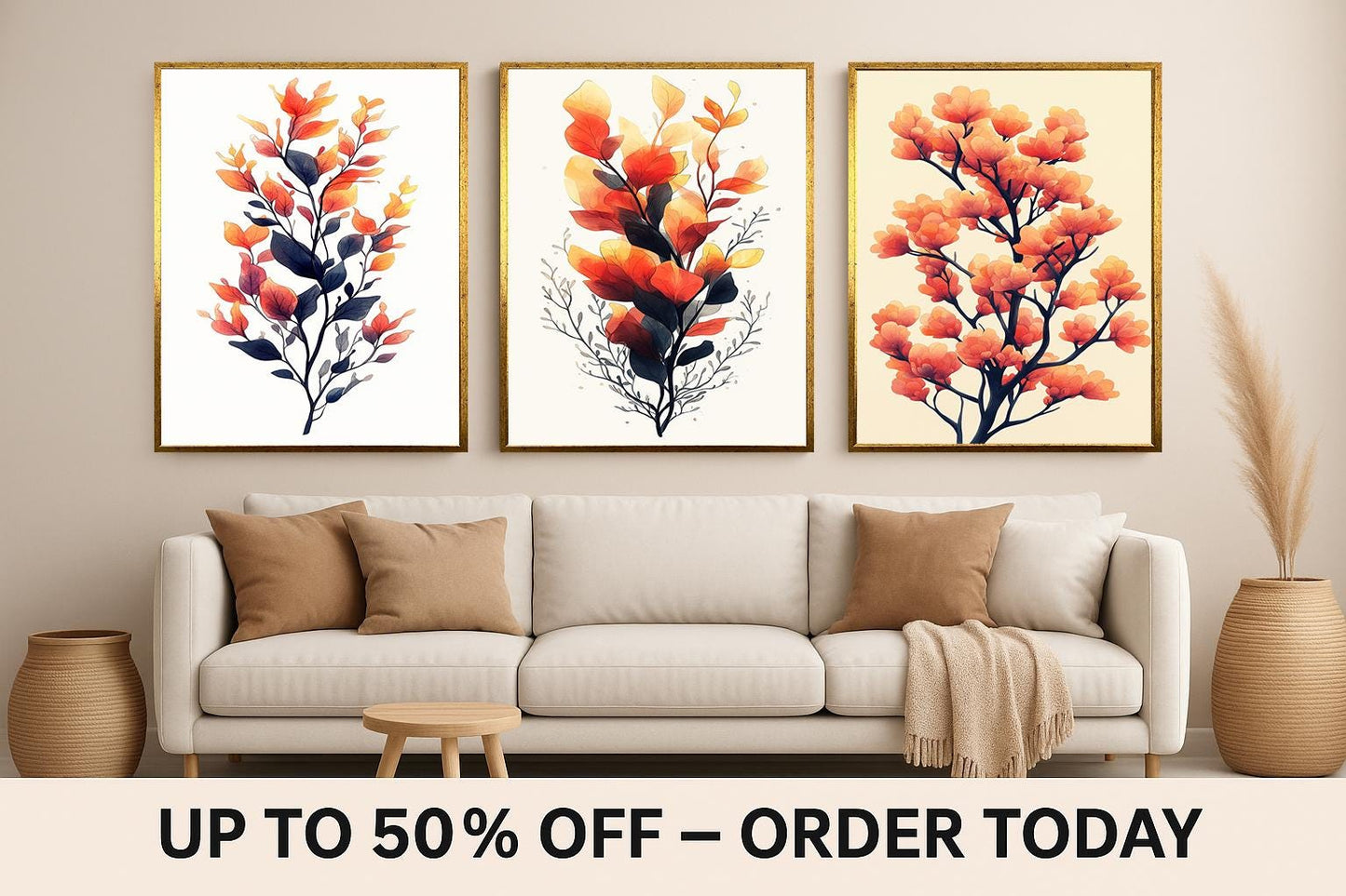 Watercolor Autumn Botanical Print Set: Orange Leaf Wall Art