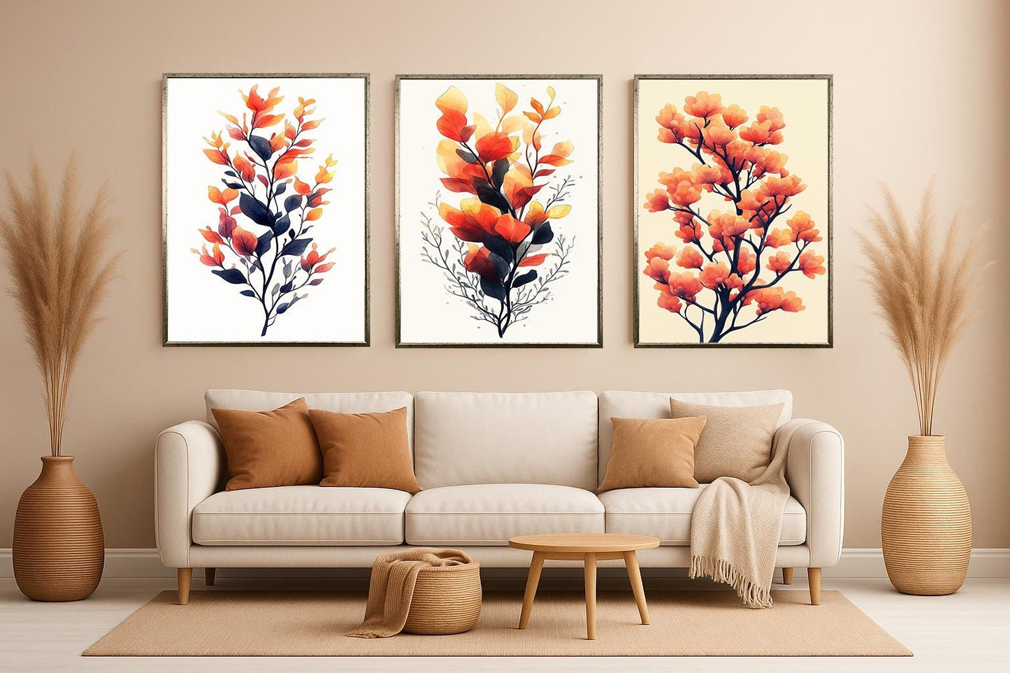 Watercolor Autumn Botanical Print Set: Orange Leaf Wall Art