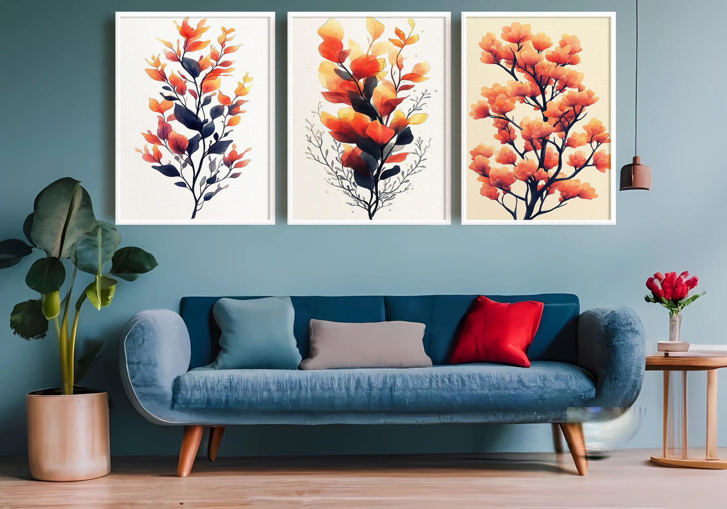 Watercolor Autumn Botanical Print Set: Orange Leaf Wall Art