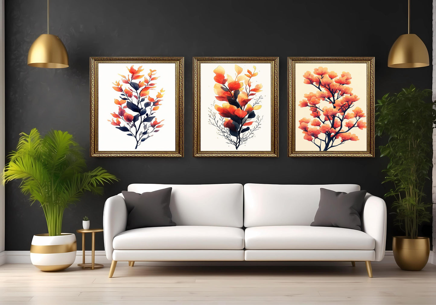 Watercolor Autumn Botanical Print Set: Orange Leaf Wall Art