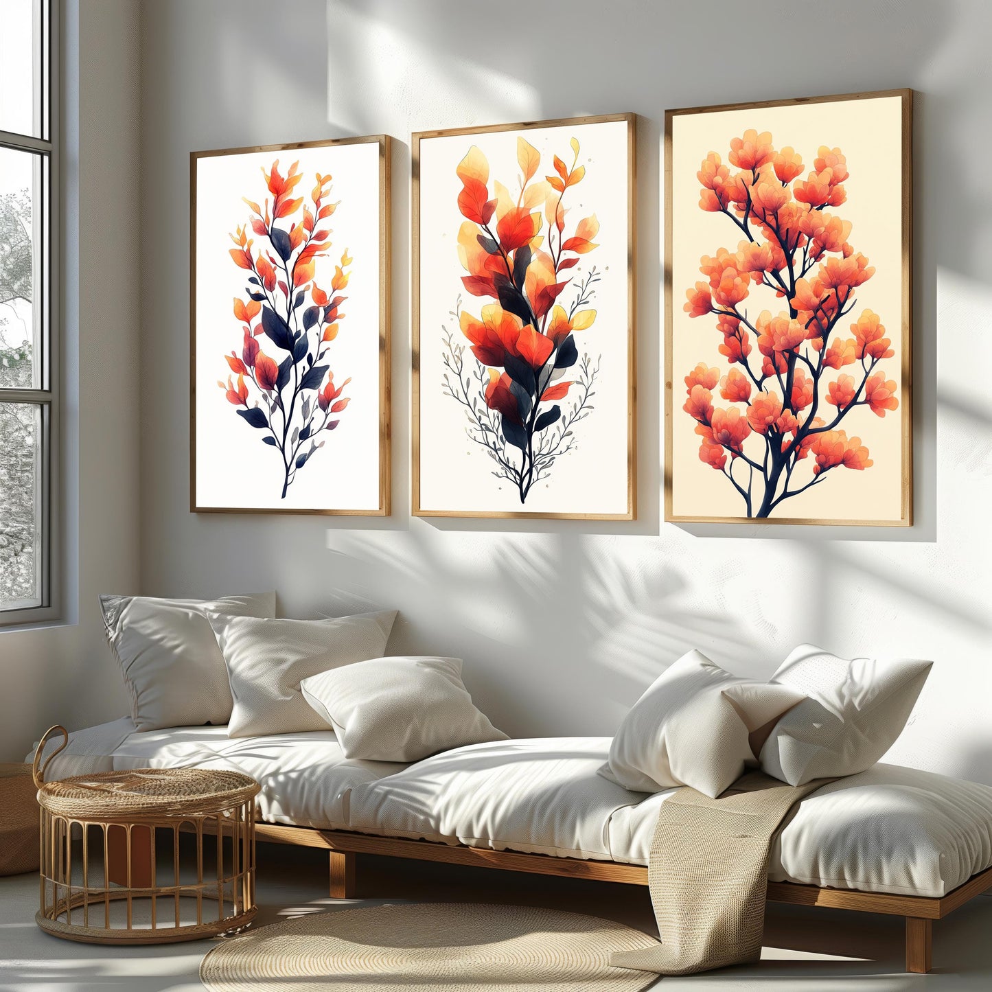 Watercolor Autumn Botanical Print Set: Orange Leaf Wall Art