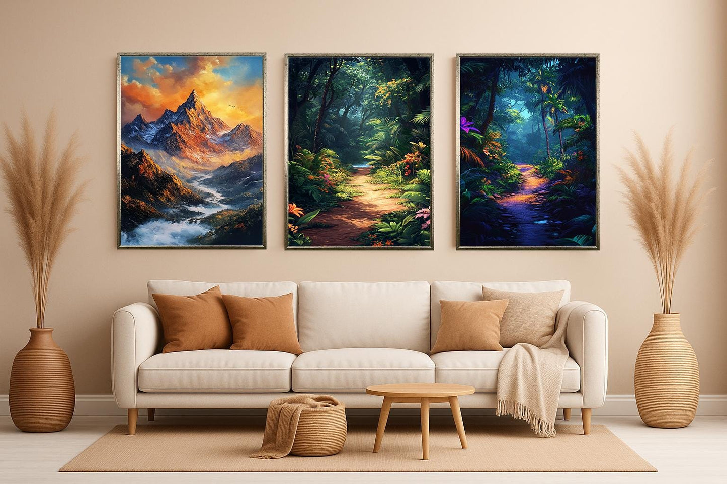 Tropical Jungle & Mountain Sunset Canvas Print Set - 3 Piece Nature Wall Art