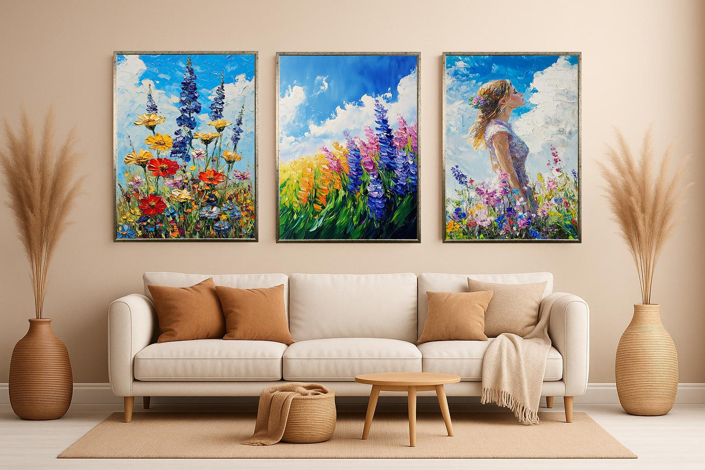 Impressionist Wildflower Garden Oil Painting Set: Floral Landscape Canvas Wall Art