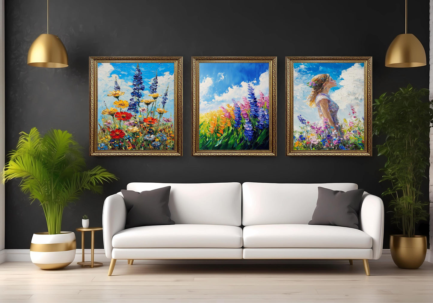 Impressionist Wildflower Garden Oil Painting Set: Floral Landscape Canvas Wall Art