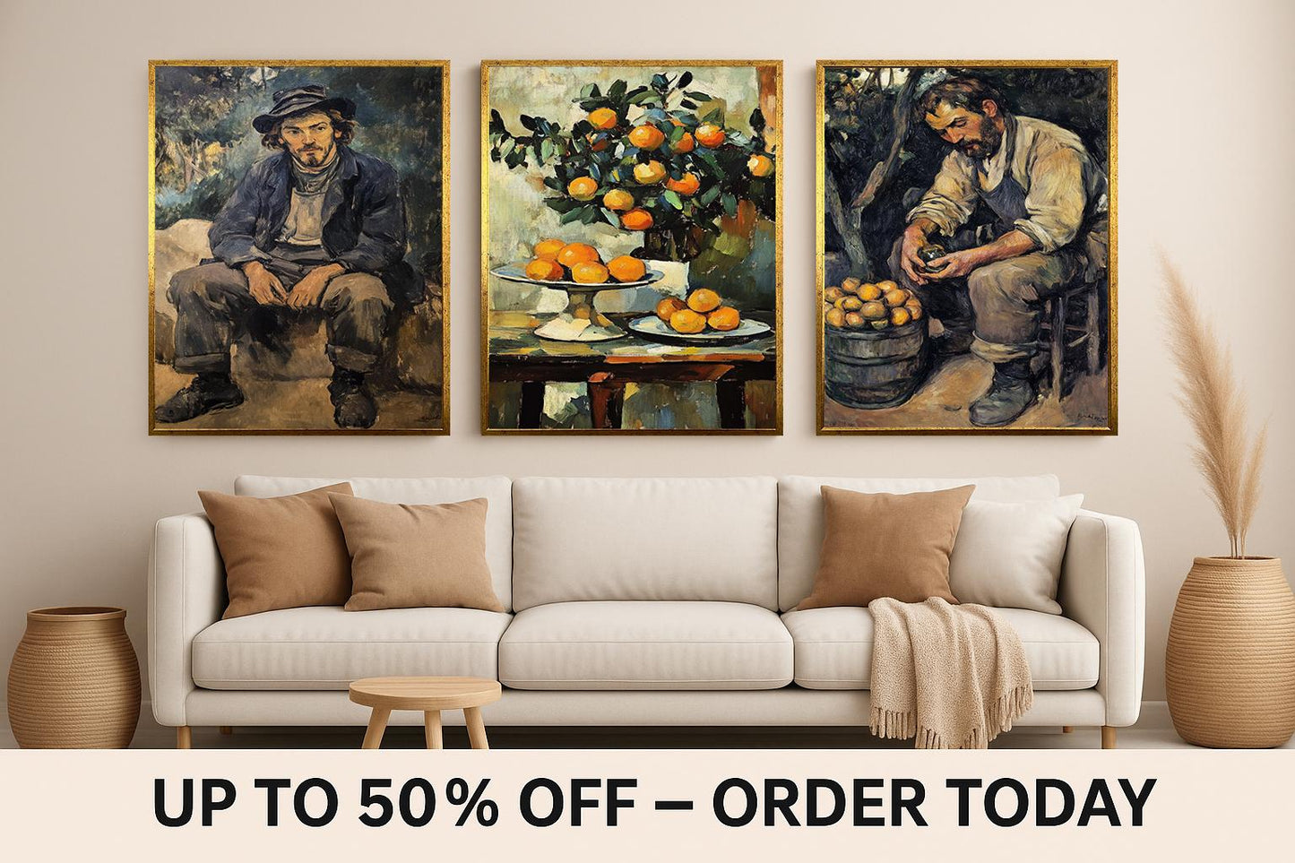Vintage Still Life Oil Painting Set: Oranges, Rustic Man Portrait
