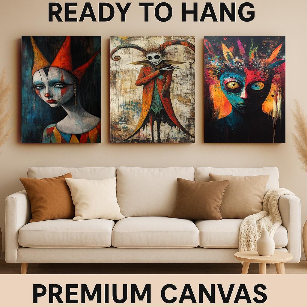 Dark Carnival Clown Canvas Art Set: Gothic Horror Jester Painting