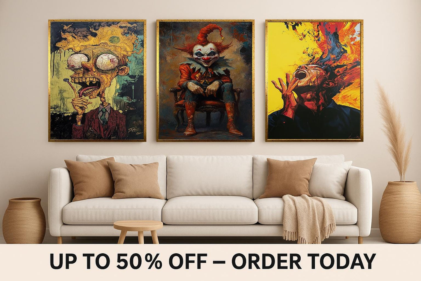 Creepy Circus Art Set: Horror Clown, Burning Head Surreal Prints