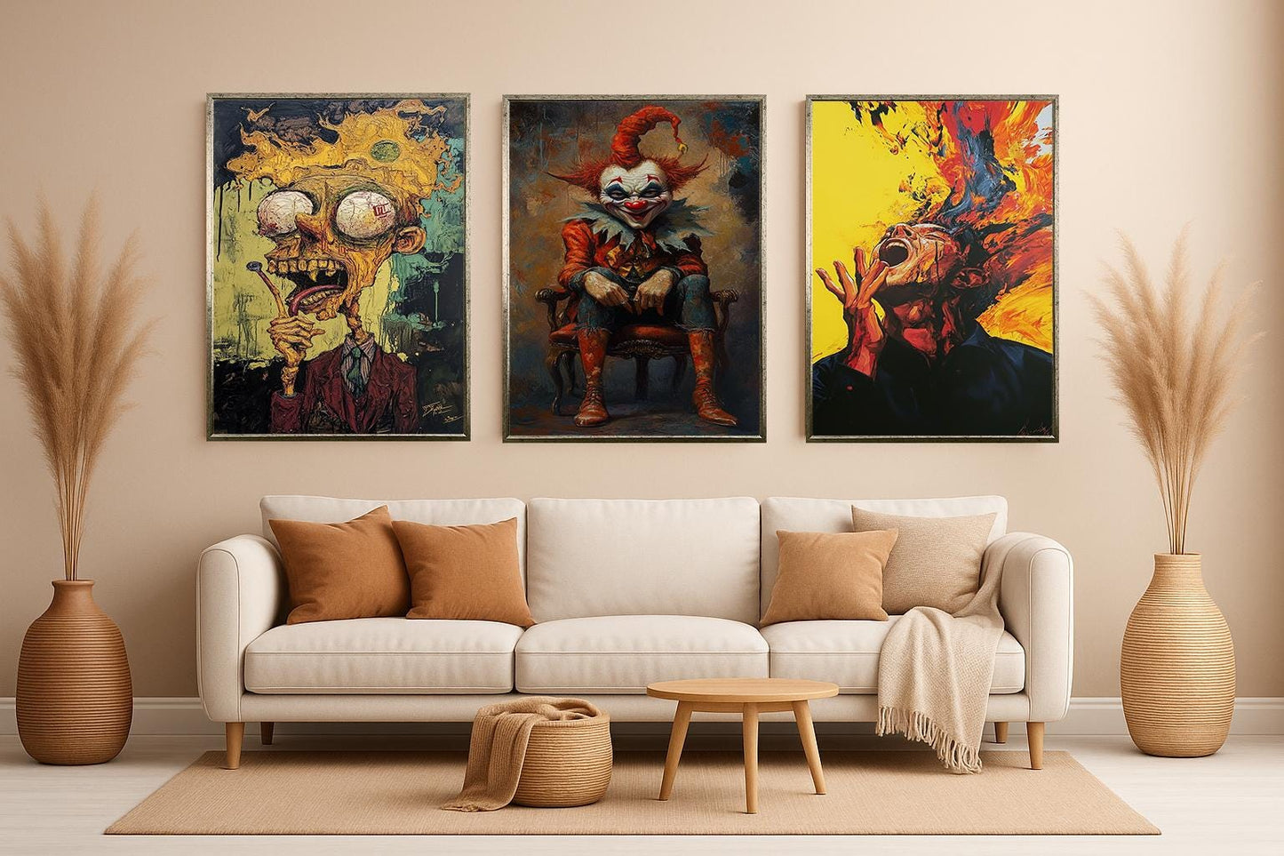 Creepy Circus Art Set: Horror Clown, Burning Head Surreal Prints