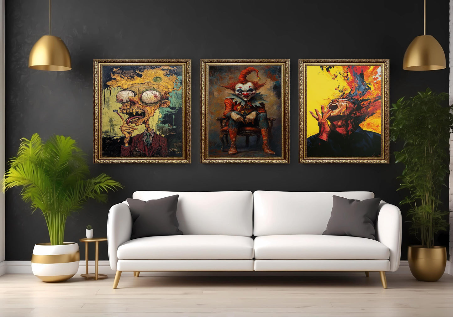 Creepy Circus Art Set: Horror Clown, Burning Head Surreal Prints