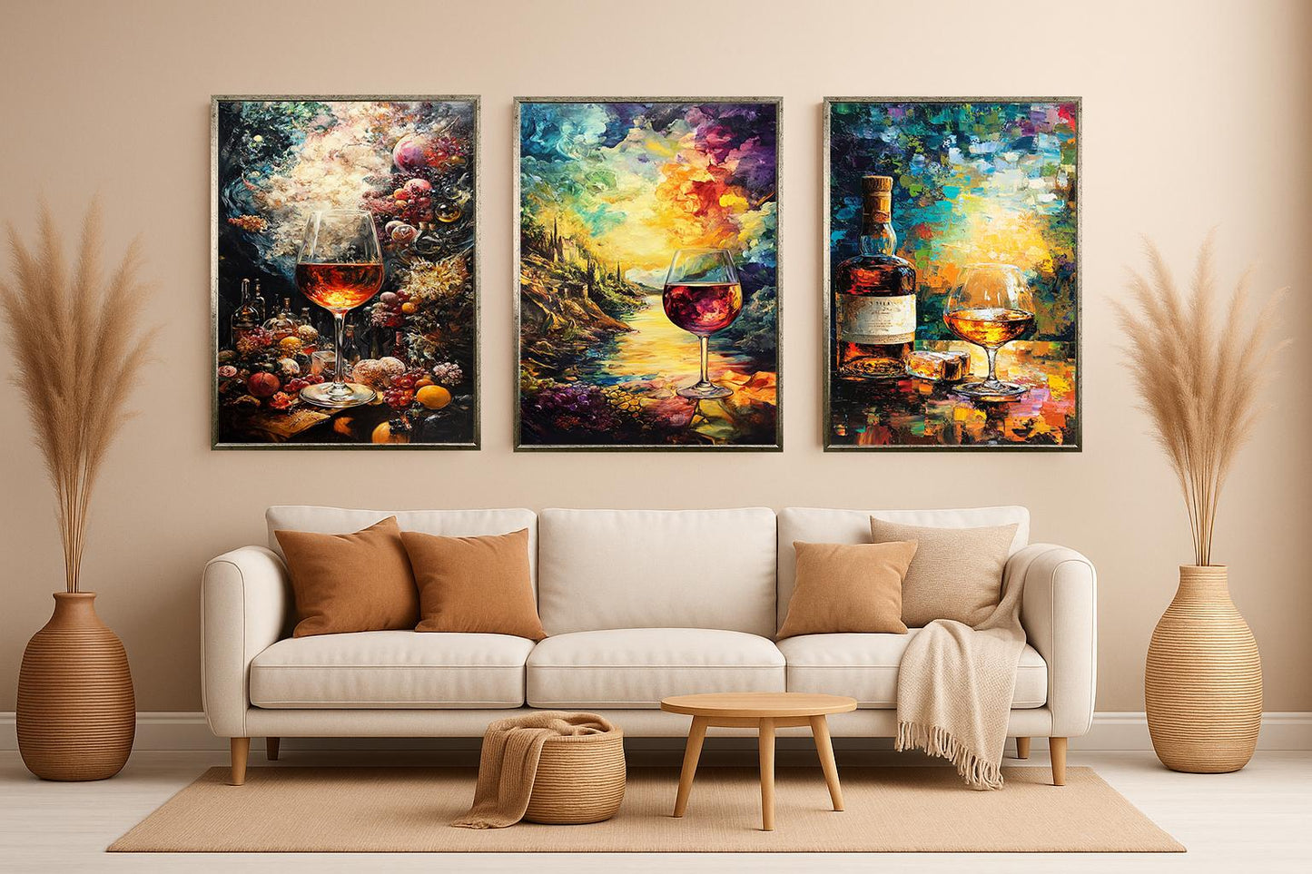 Wine & Whiskey Canvas Print Set: Vineyard Sunset Still Life - Modern Home Art