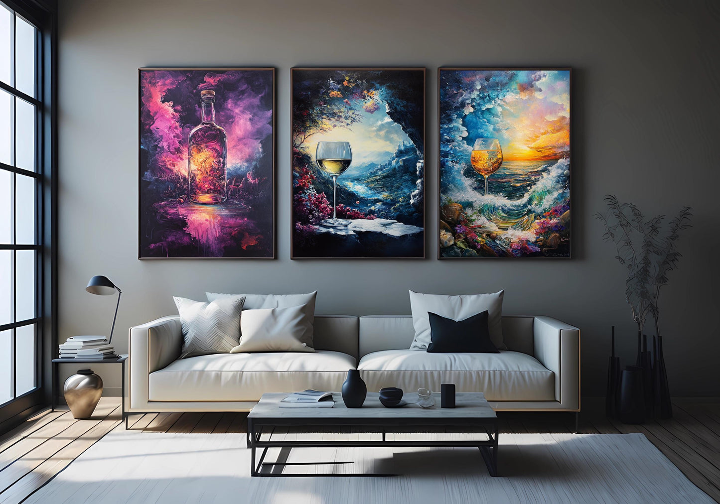 Abstract Wine Art Prints Set: Vineyard, Sunset, Cosmic Bottle