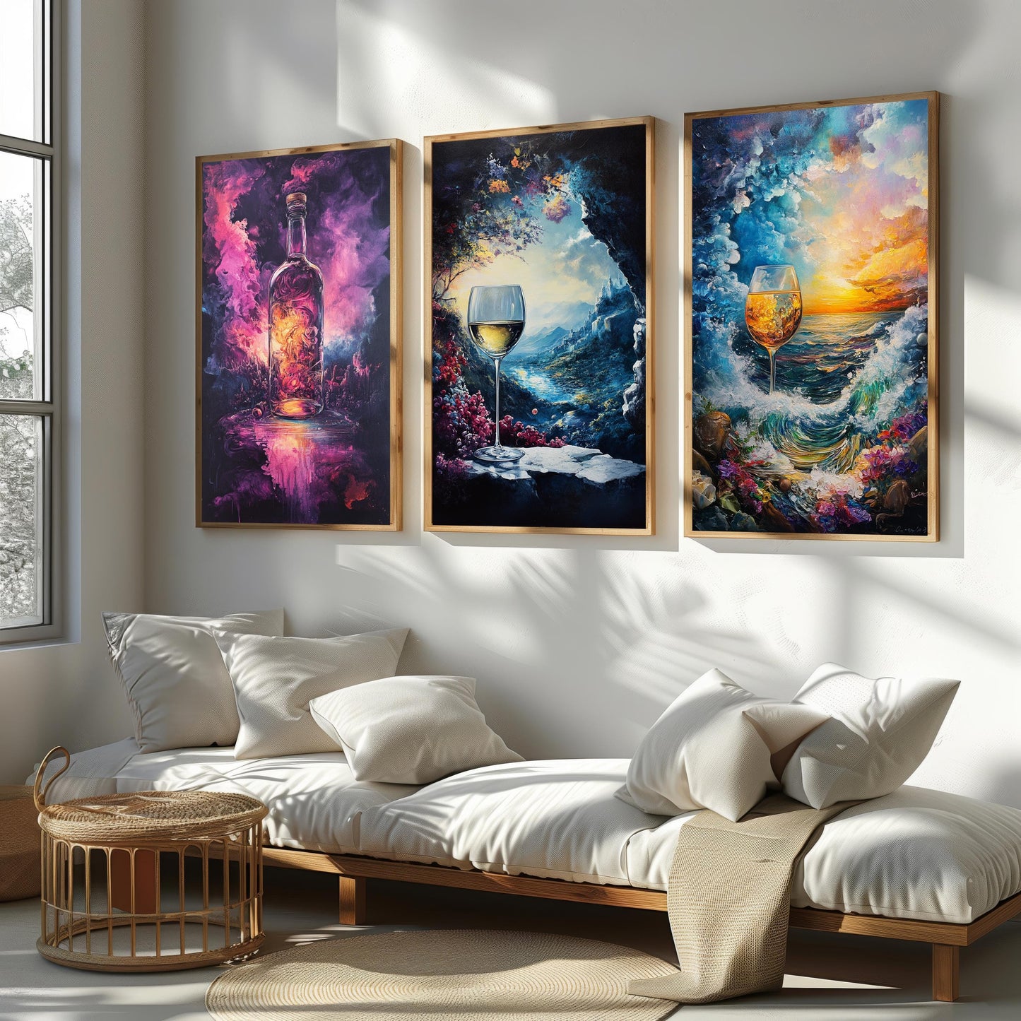 Abstract Wine Art Prints Set: Vineyard, Sunset, Cosmic Bottle