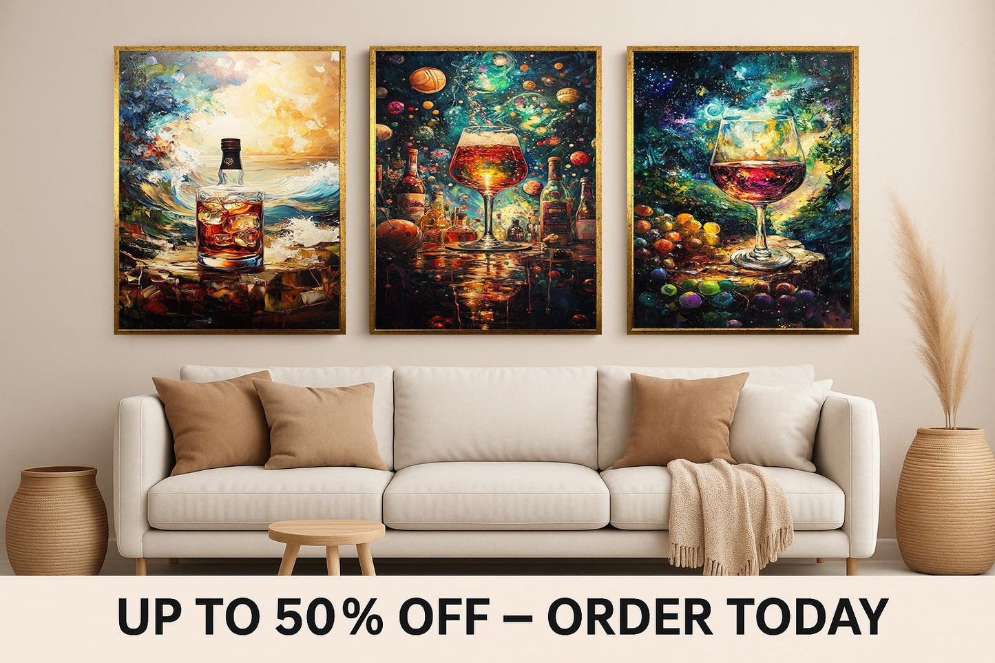 Cosmic Wine & Whiskey Canvas Art Set: Abstract Galaxy Drink Prints