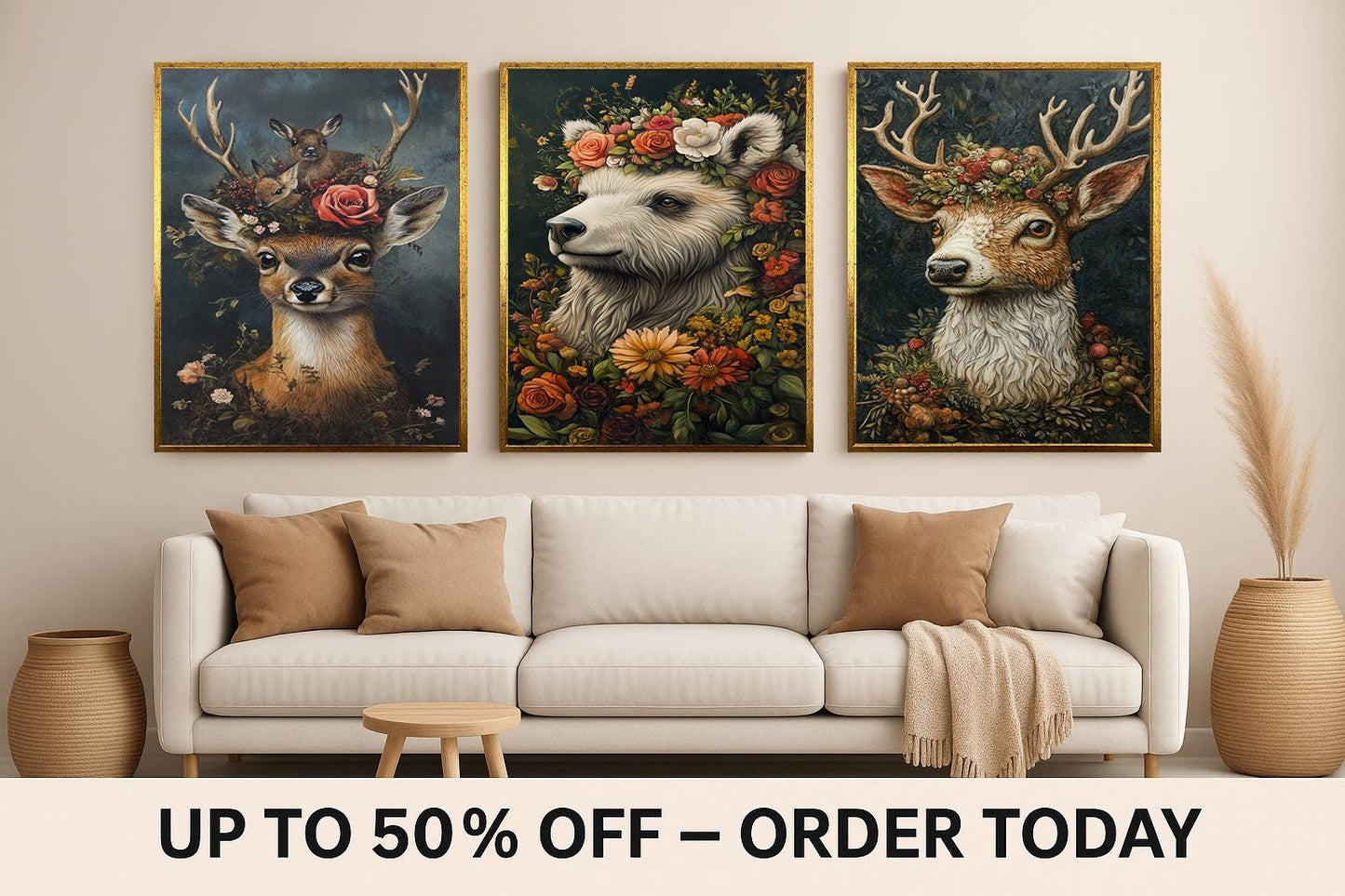 Floral Animal Canvas Print Set: Deer, Bear, Woodland Nursery Decor