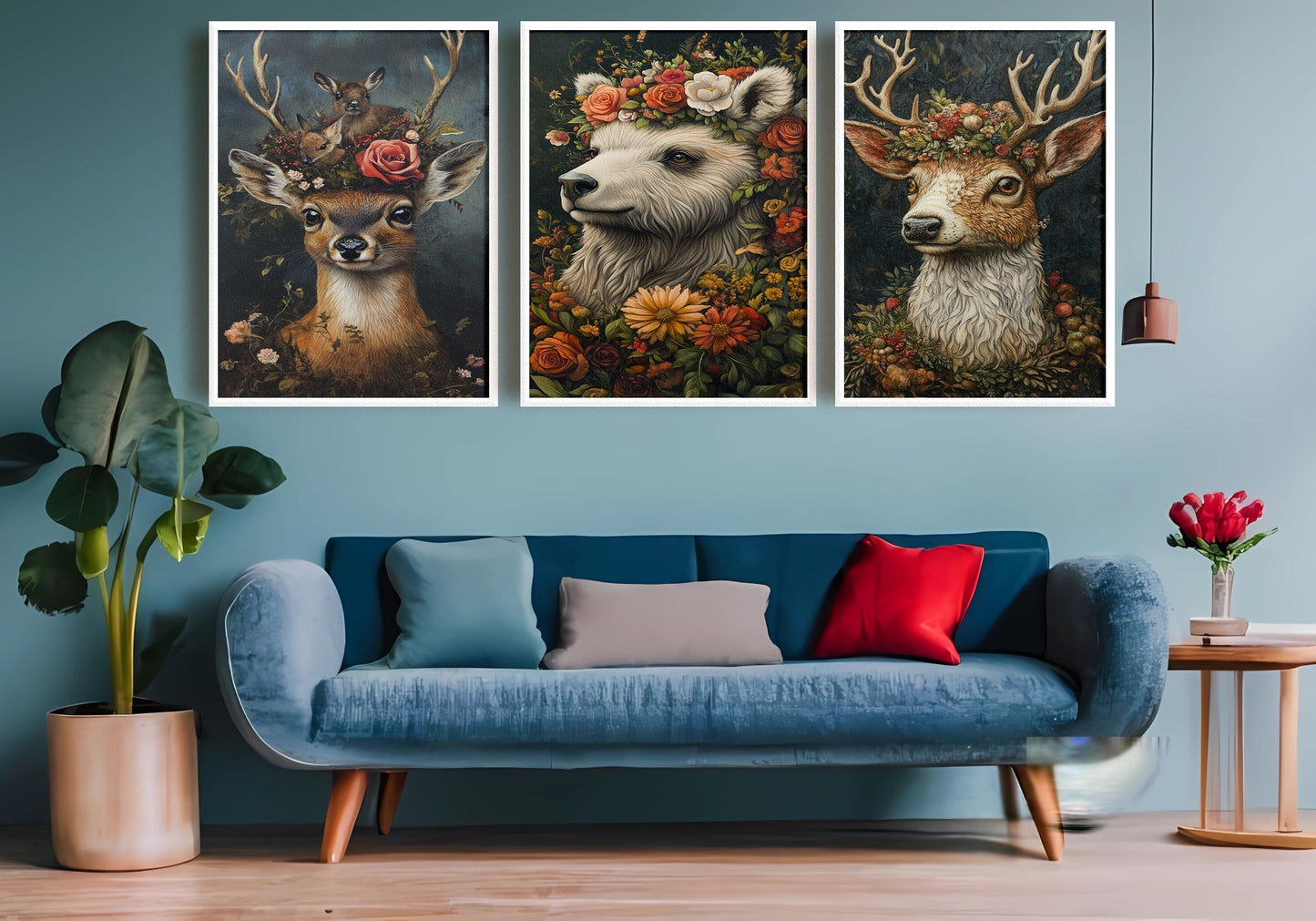 Floral Animal Canvas Print Set: Deer, Bear, Woodland Nursery Decor