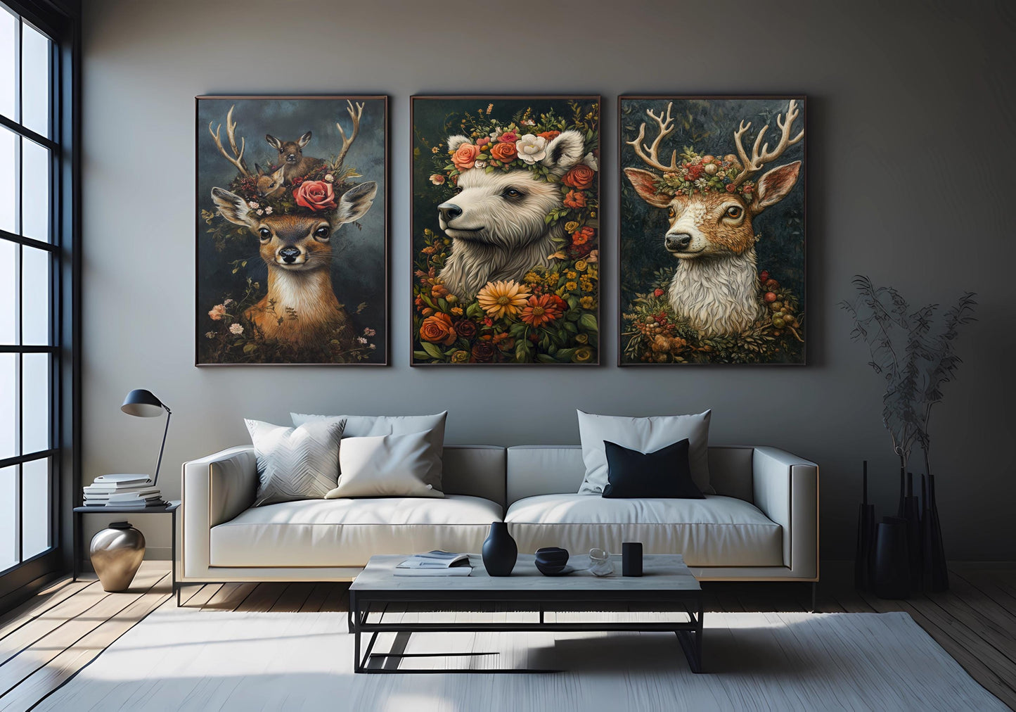 Floral Animal Canvas Print Set: Deer, Bear, Woodland Nursery Decor