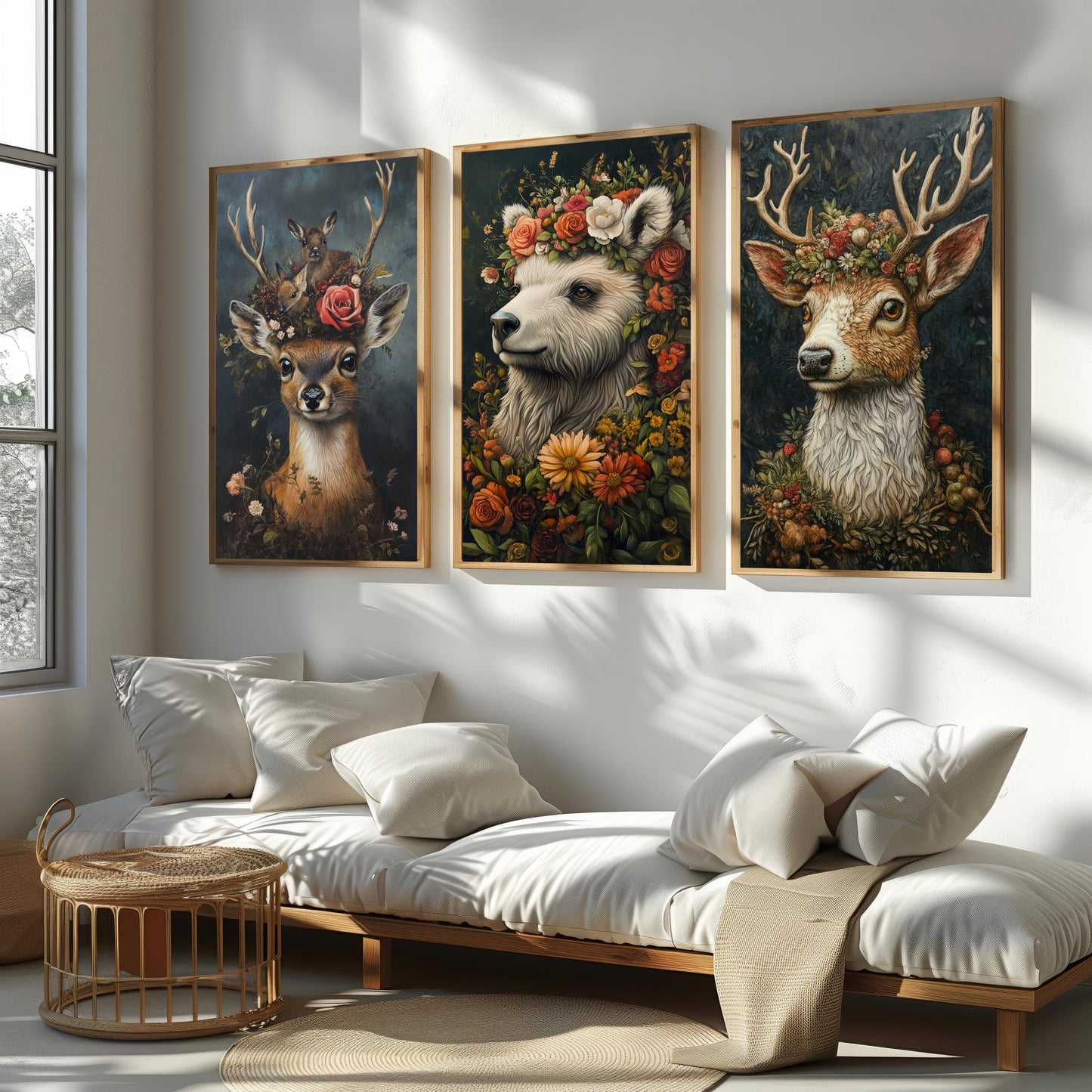 Floral Animal Canvas Print Set: Deer, Bear, Woodland Nursery Decor