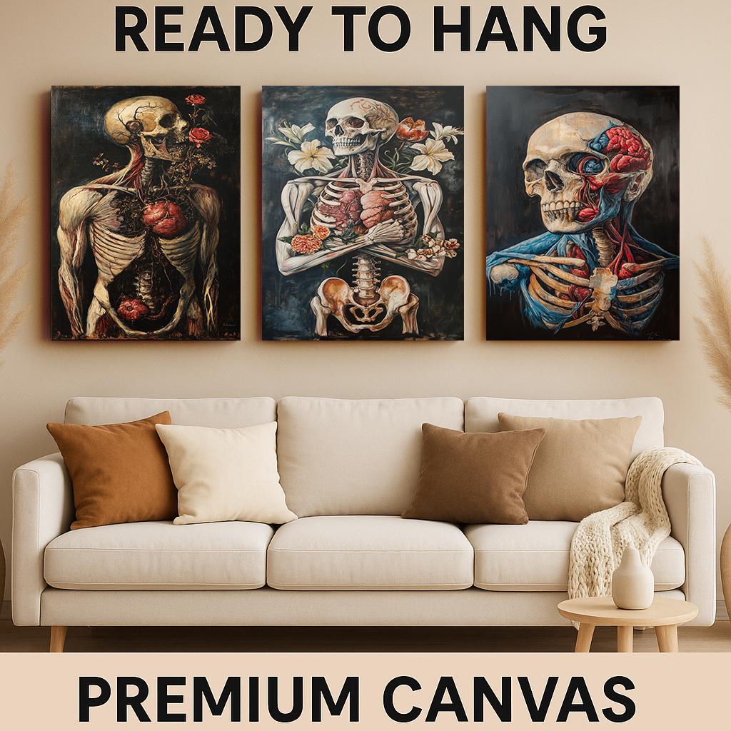 Anatomical Skeleton Art Prints: Gothic Floral Skull Decor, Set of 3