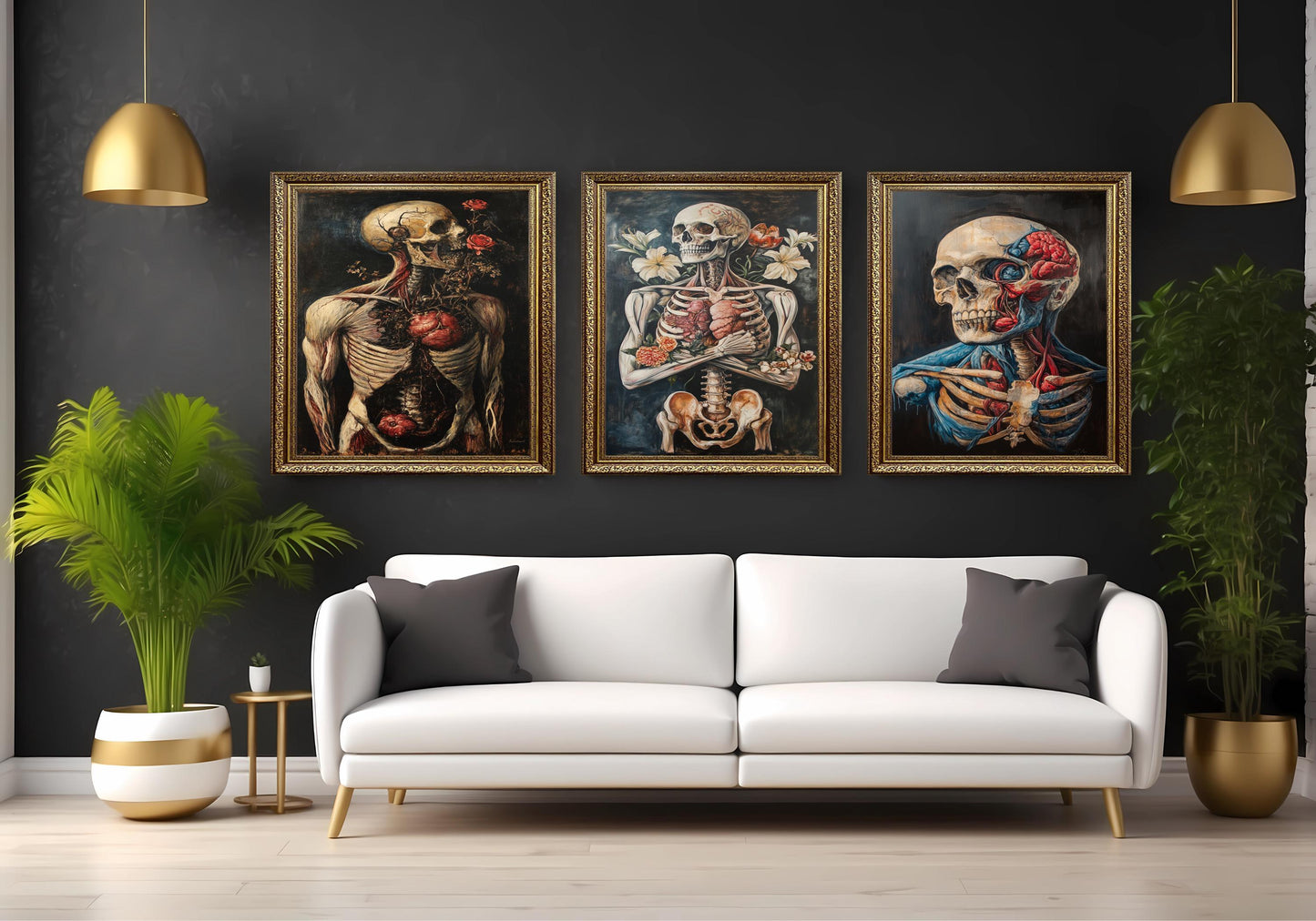Anatomical Skeleton Art Prints: Gothic Floral Skull Decor, Set of 3