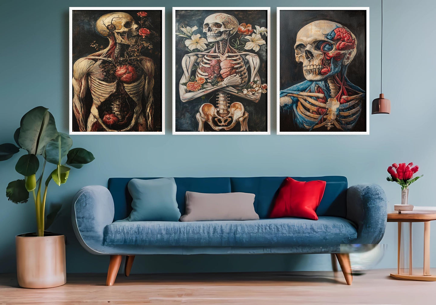 Anatomical Skeleton Art Prints: Gothic Floral Skull Decor, Set of 3