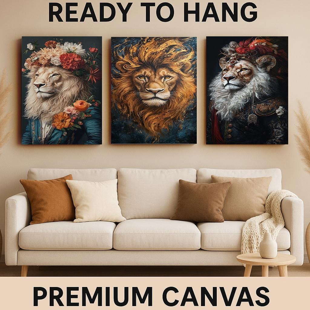 Floral Lion Portrait Set - Regal Animal Wall Art