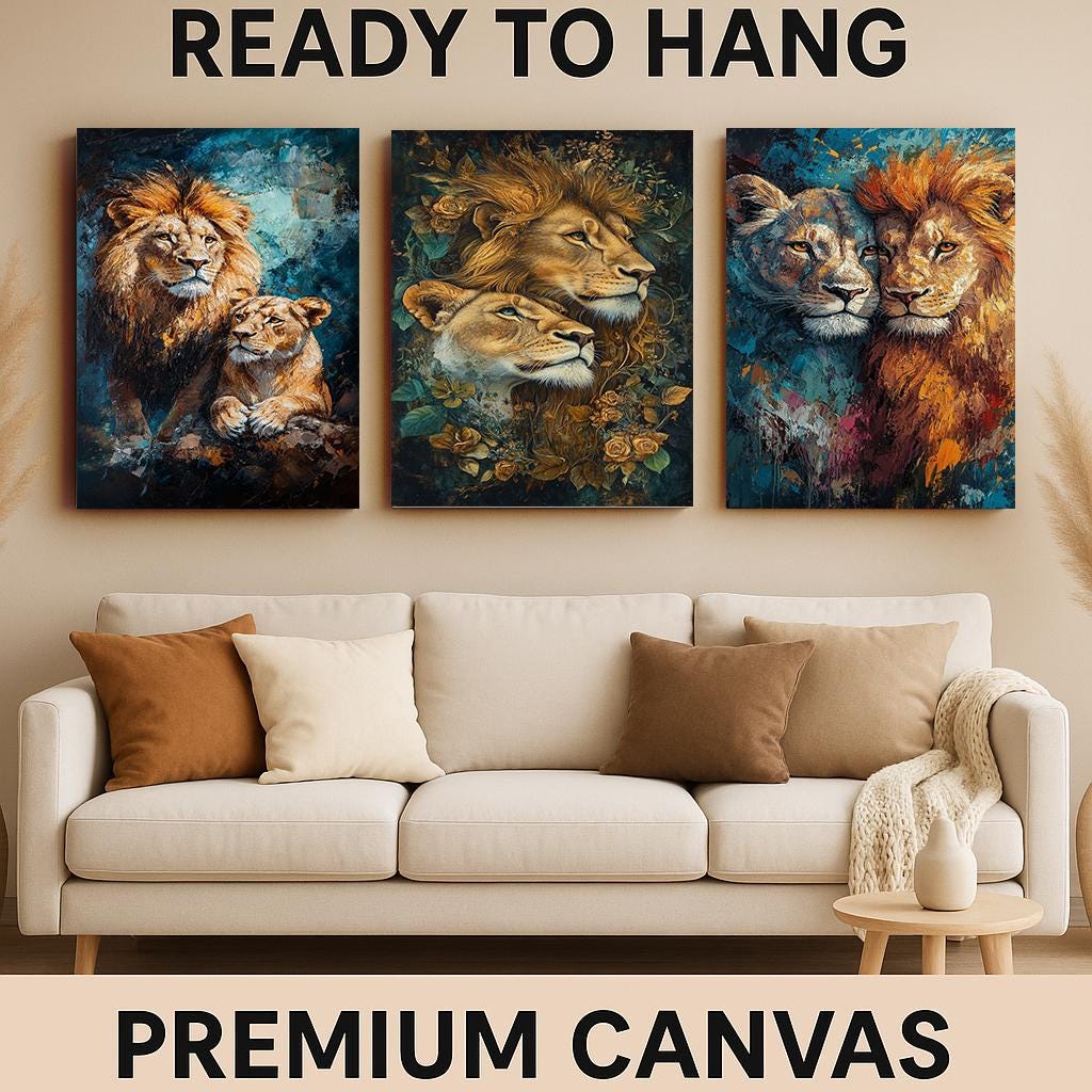 Lion Couple Canvas Art Set: Romantic Floral King and Queen Portraits