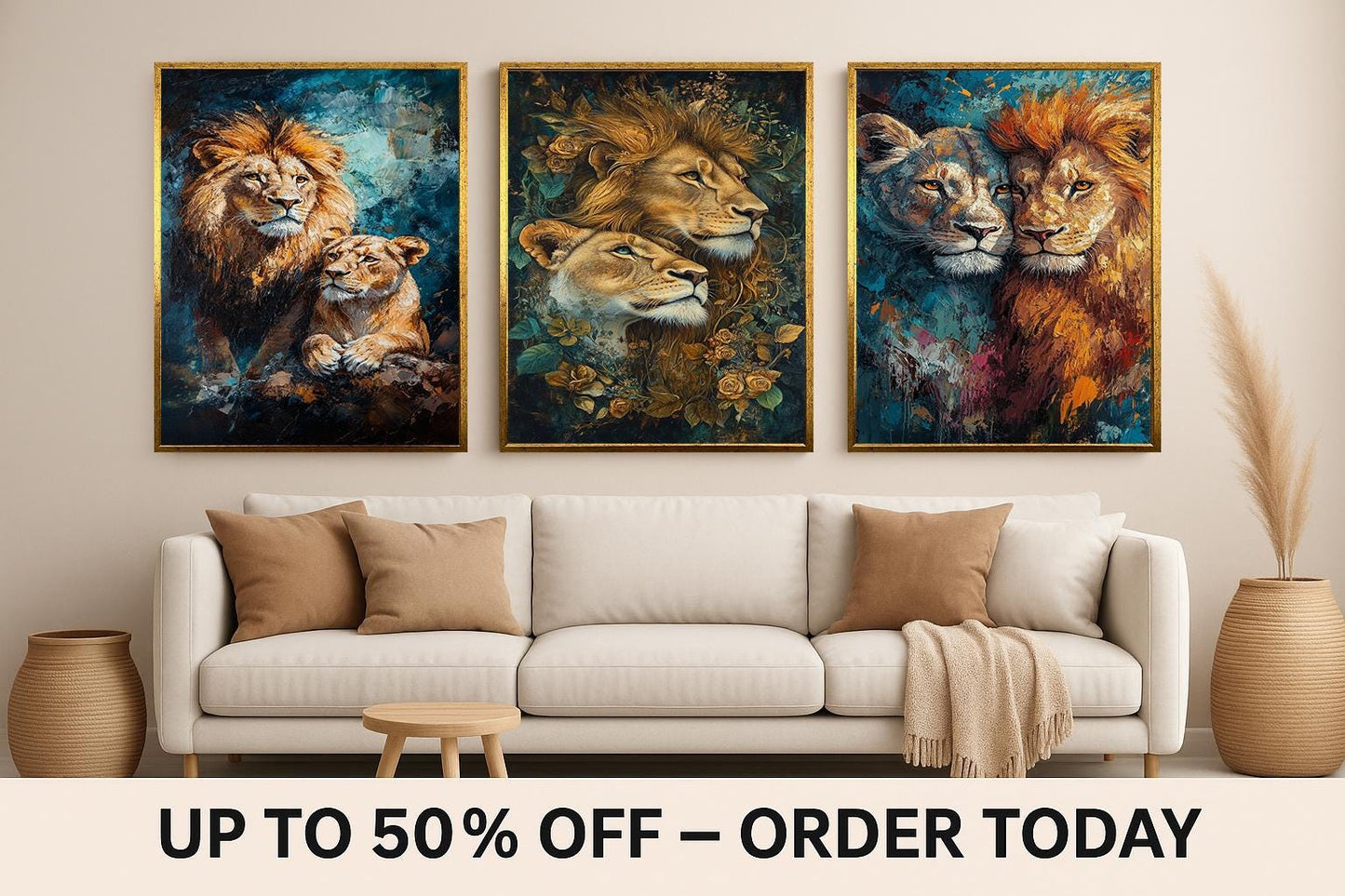 Lion Couple Canvas Art Set: Romantic Floral King and Queen Portraits