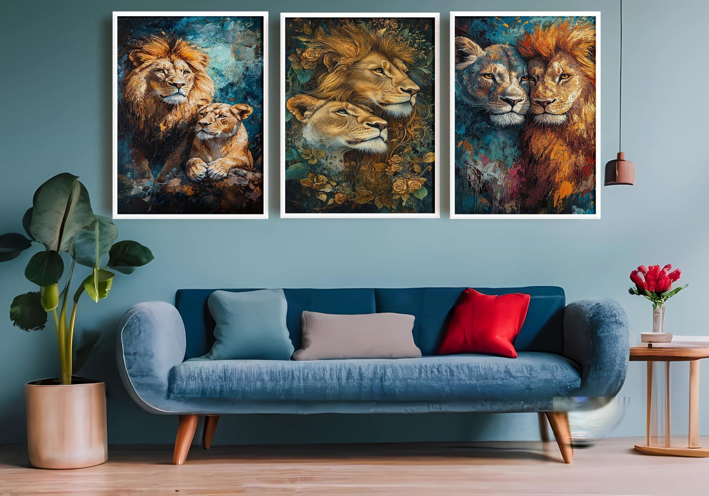 Lion Couple Canvas Art Set: Romantic Floral King and Queen Portraits
