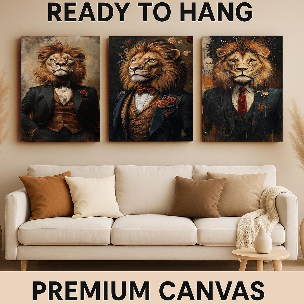 Regal Lion in Suit Canvas Print: Anthropomorphic Animal Art