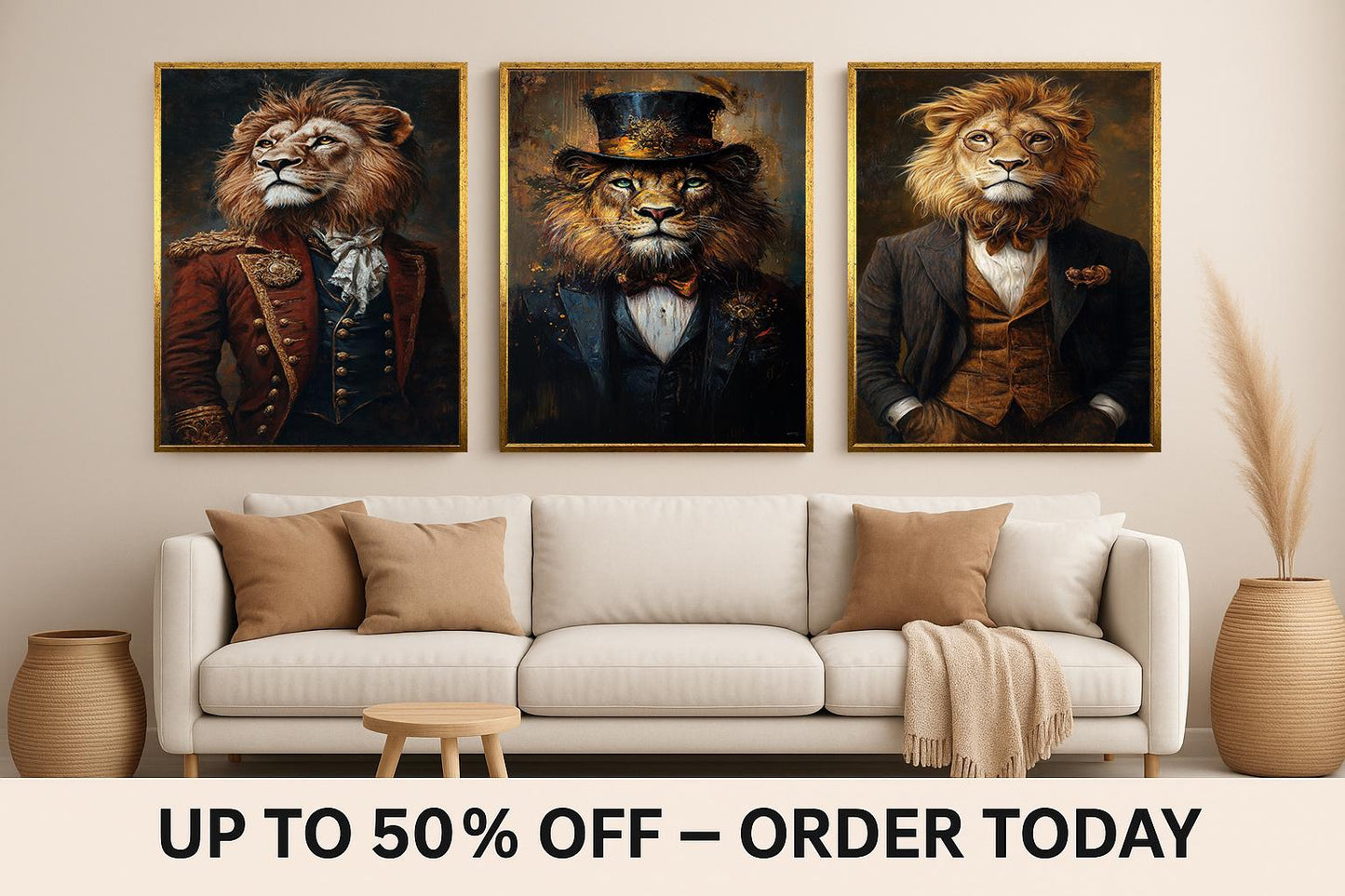 Victorian Steampunk Lion Portrait Art - Set of 3 - Regal Animal Prints