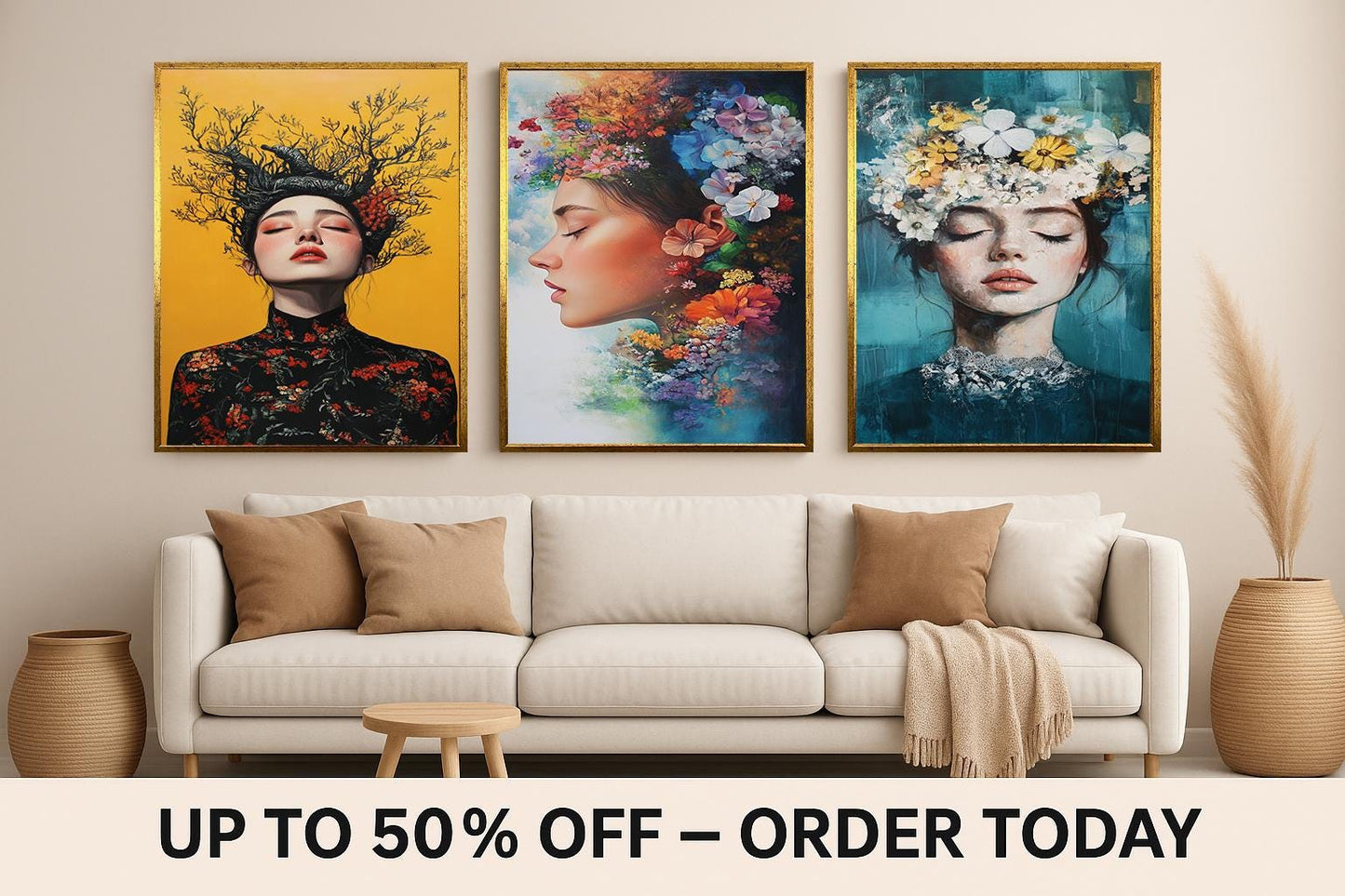 Floral Woman Portrait Art Set: Surreal Botanical Canvas Prints