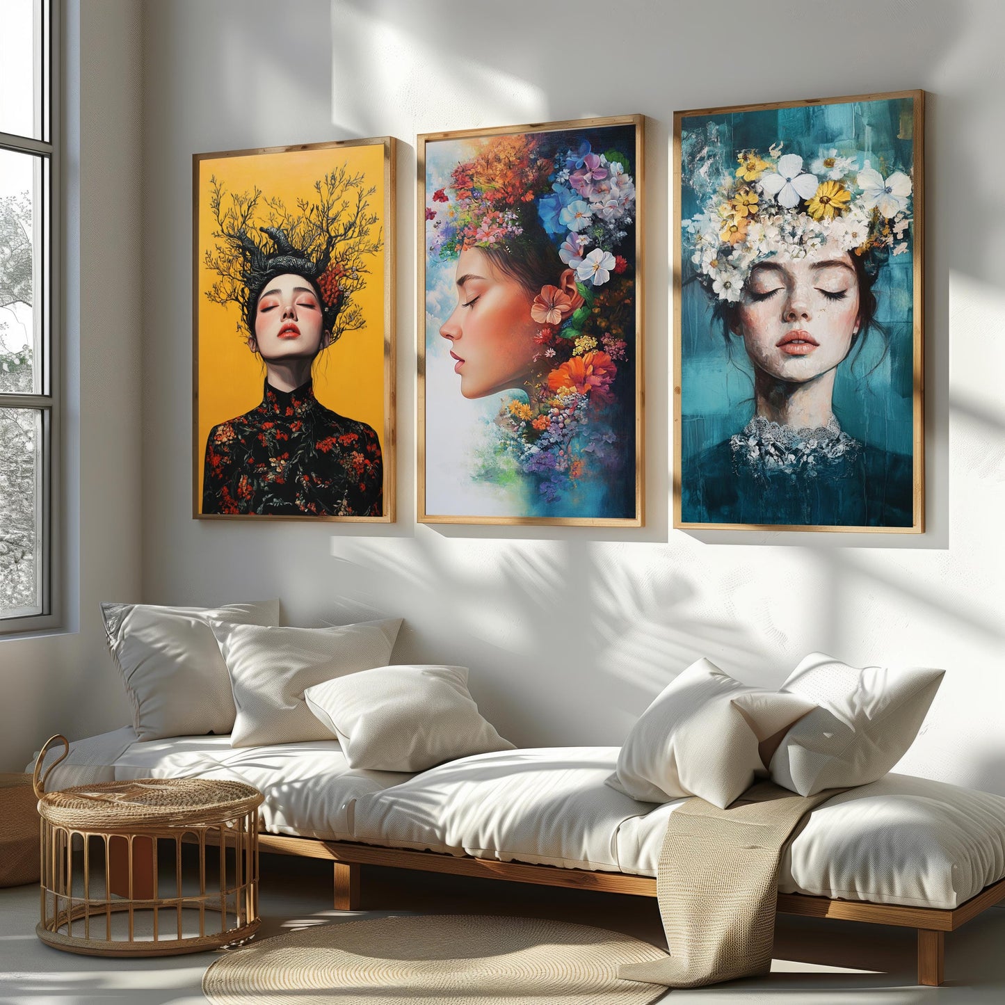 Floral Woman Portrait Art Set: Surreal Botanical Canvas Prints