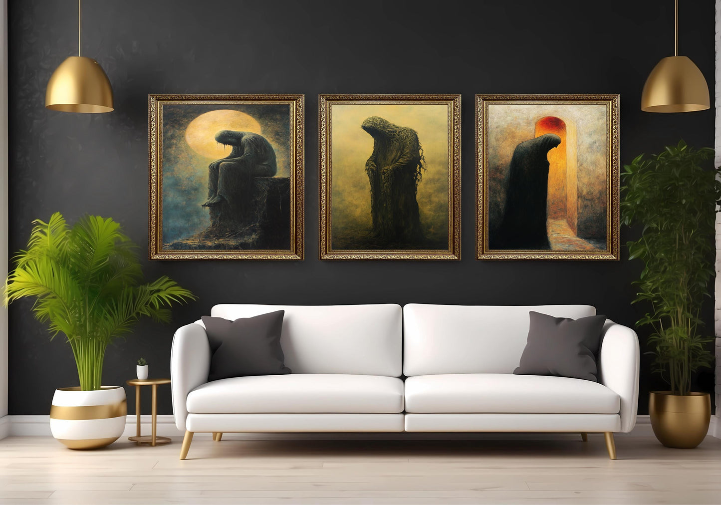 Gothic Horror Wall Art Set: Hooded Figures, Melancholy Silhouettes