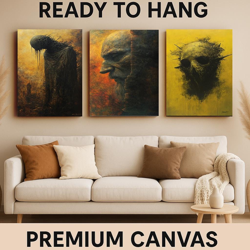 Dark Gothic Surreal Wall Art Set: Elder, Skull, Hooded Figure
