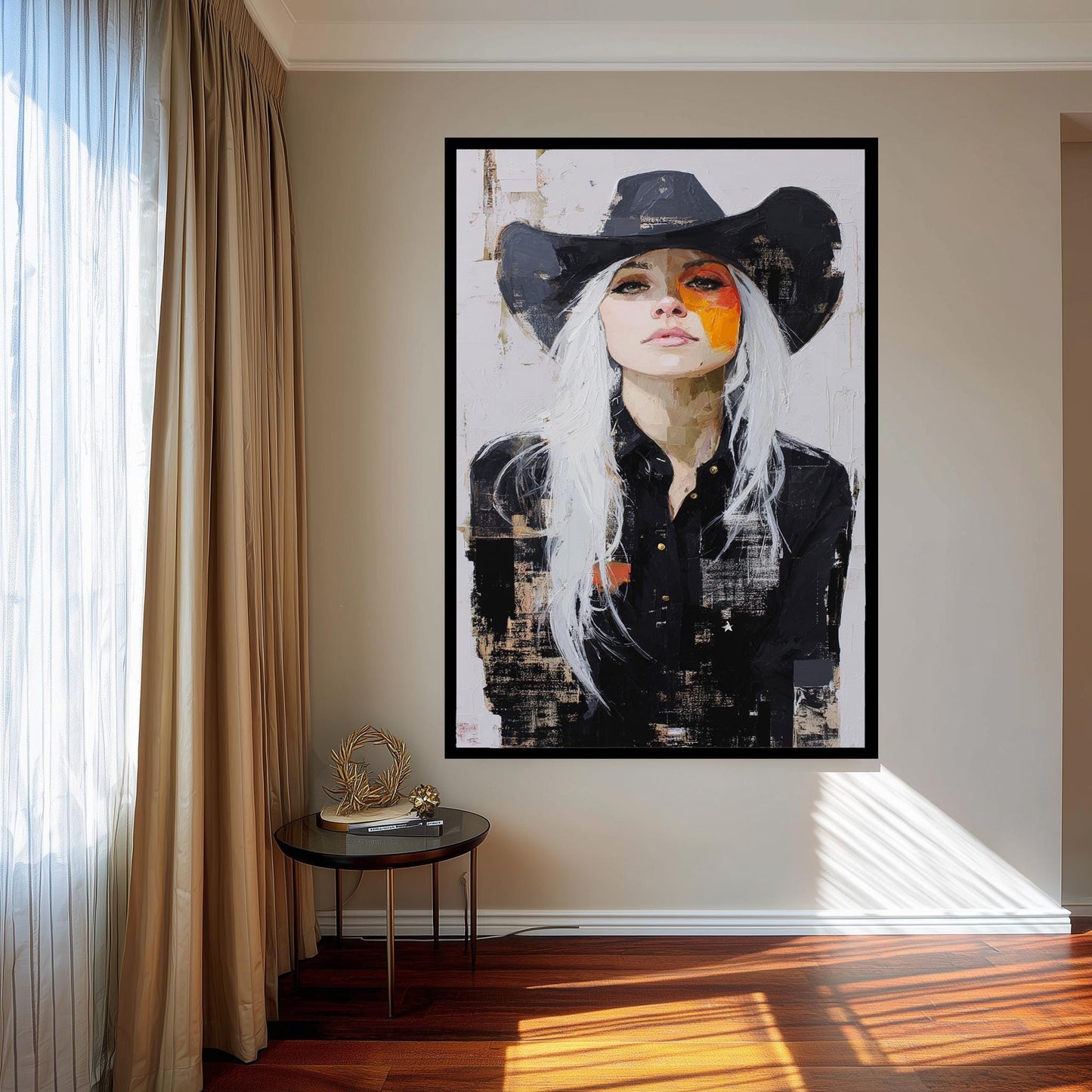 Abstract Cowgirl Oil Painting on Canvas | Modern Western Woman Portrait Art with White Hair & Black Hat | Bold Rustic Wall Decor Print