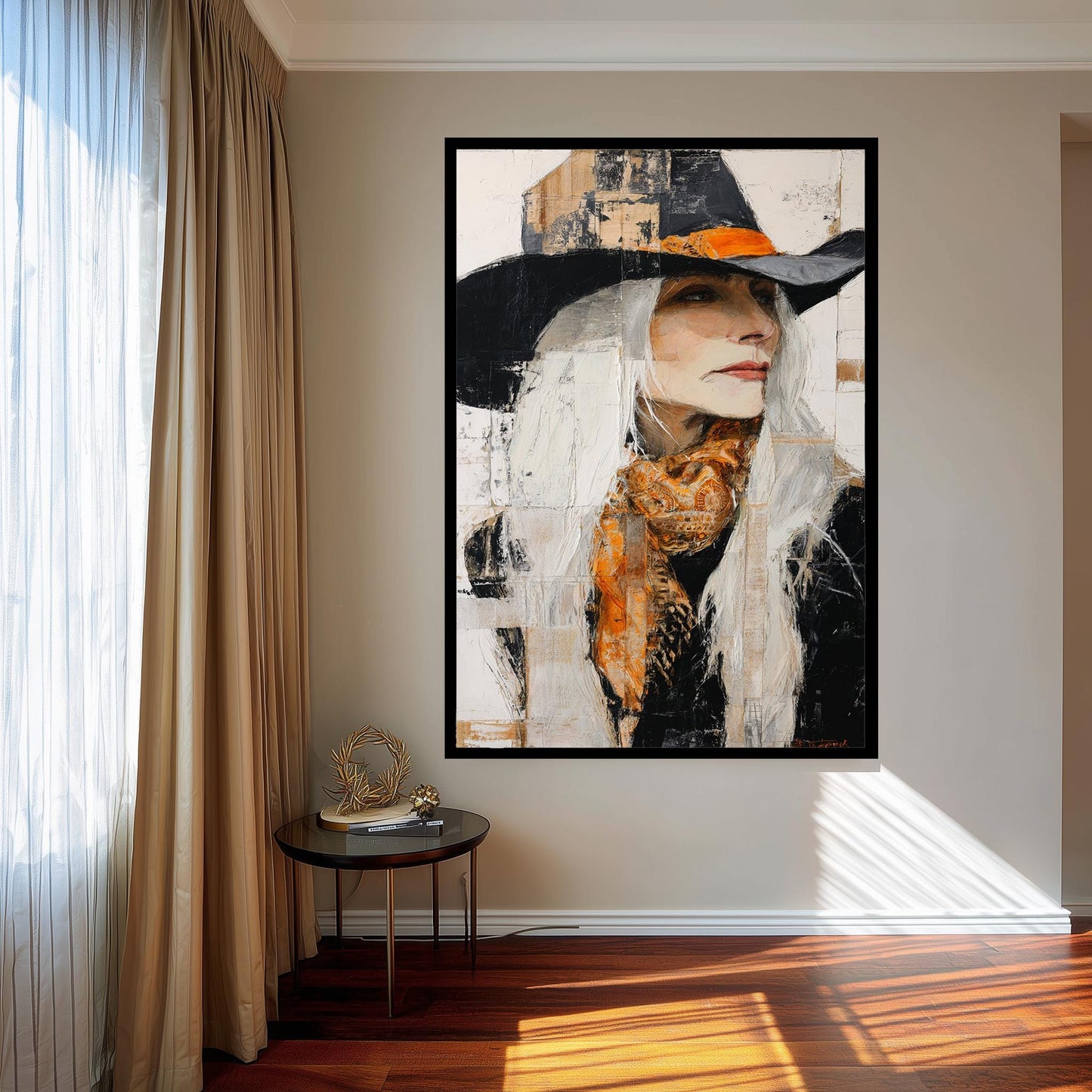 Abstract Oil Painting of Western Woman | Cowgirl with Long White Hair, Black Hat & Orange Scarf | Rustic Modern Wall Art on Canvas Woman Art