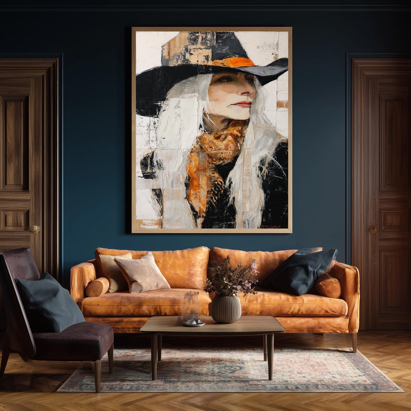 Abstract Oil Painting of Western Woman | Cowgirl with Long White Hair, Black Hat & Orange Scarf | Rustic Modern Wall Art on Canvas Woman Art