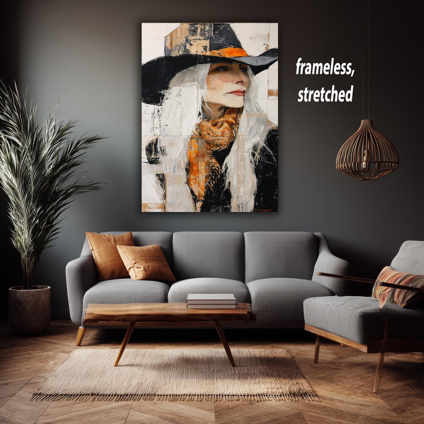 Abstract Oil Painting of Western Woman | Cowgirl with Long White Hair, Black Hat & Orange Scarf | Rustic Modern Wall Art on Canvas Woman Art