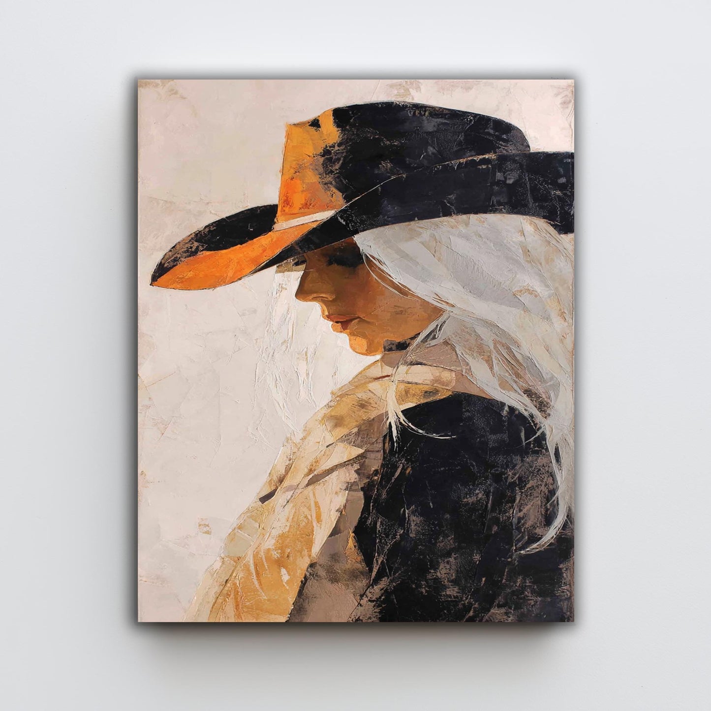 Abstract Western Cowgirl Oil Painting | Woman with Long White Hair in Black and Orange Hat | Rustic Textured Canvas Wall Art Print Woman Art