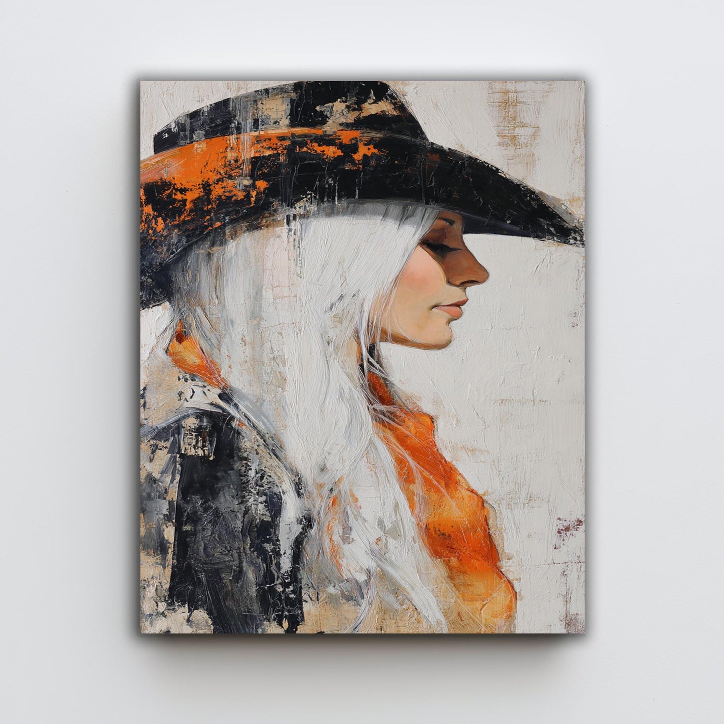 Abstract Cowgirl Oil Painting on Canvas | Western Woman with Long White Hair and Orange Scarf in Black Hat | Rustic Wall Art for Home