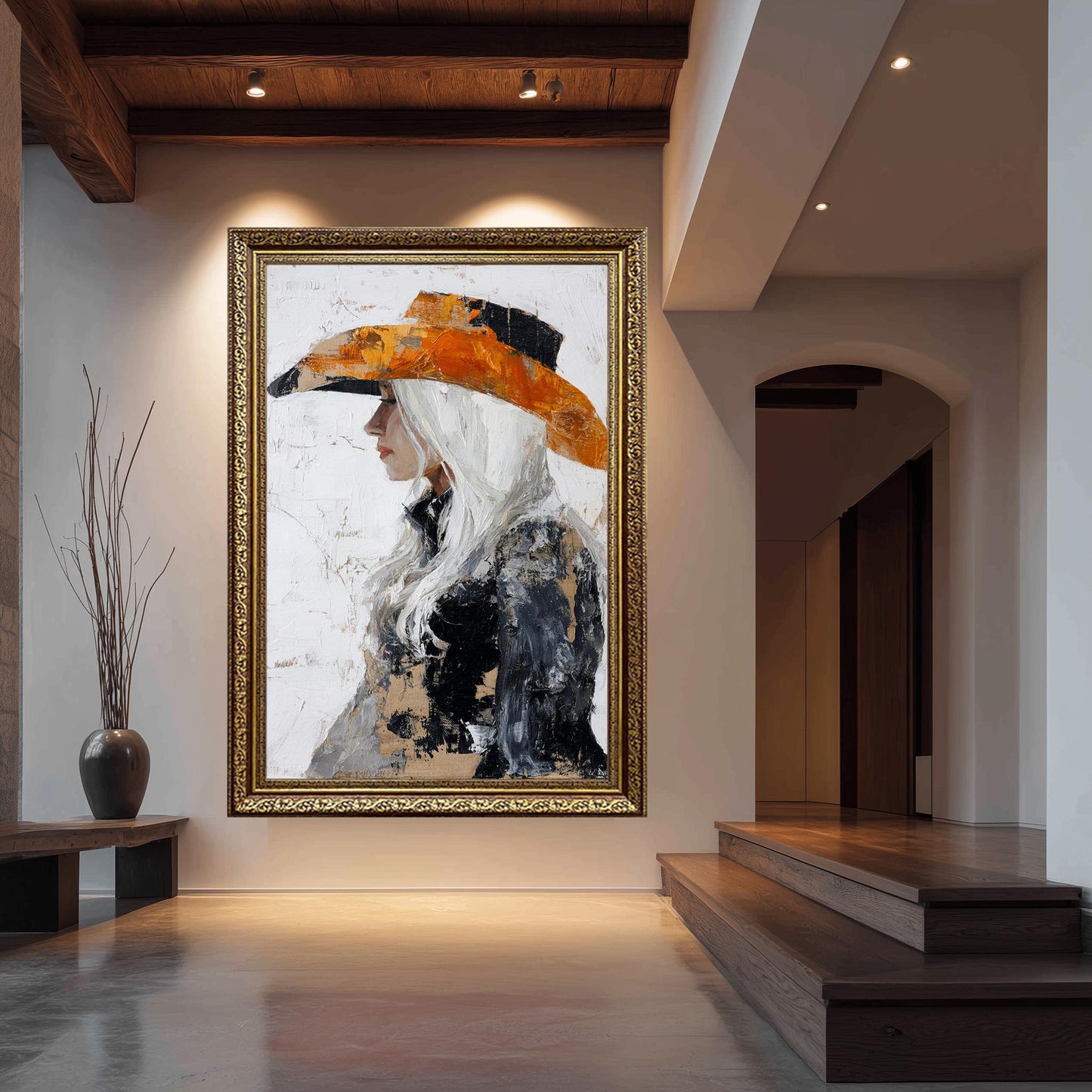 Abstract Western Woman Oil Painting | Cowgirl with Long White Hair in Textured Orange and Black Hat | Rustic Canvas Art Wall Decor Woman Art